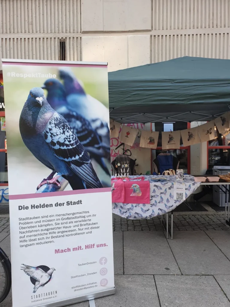 Infostand des Vereins auf einem Gehweg: Aufsteller mit Taubenfoto und der Aufschrift Die Helden der Stadt, daneben ein Pavillon mit Tisch